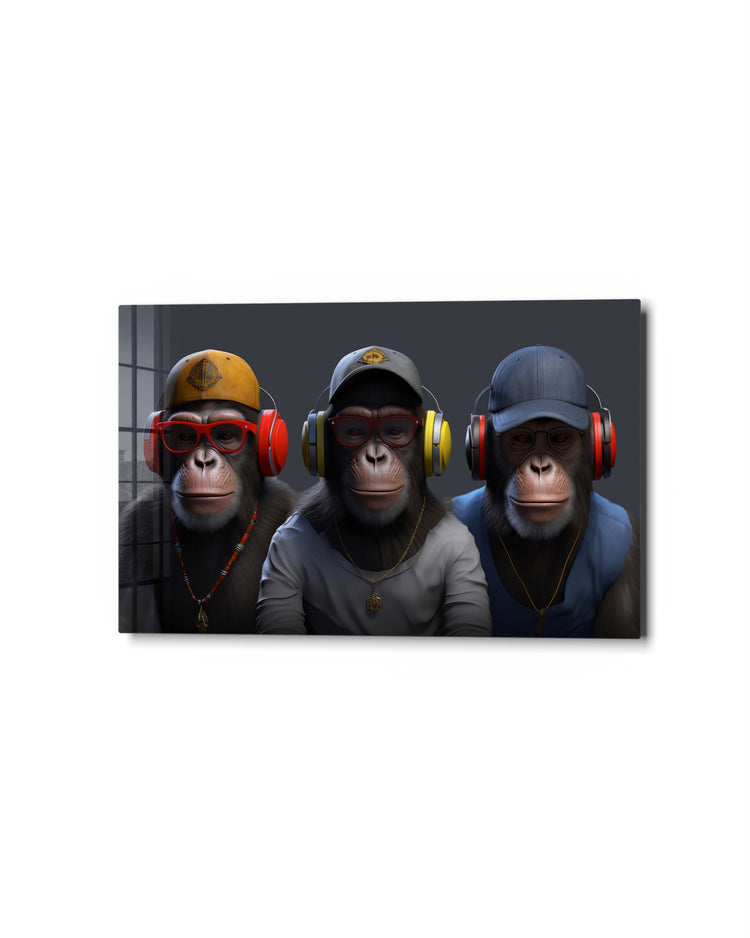 Three Apes in Headphones glass wall art, studio view