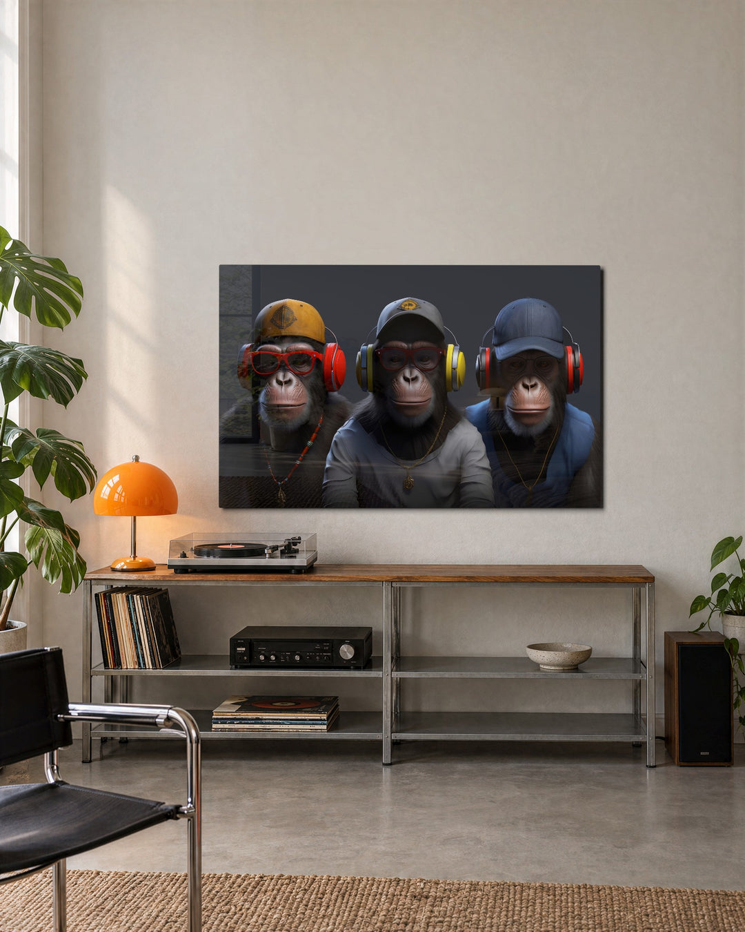 Three Apes in Headphones glass wall art, lifestyle view