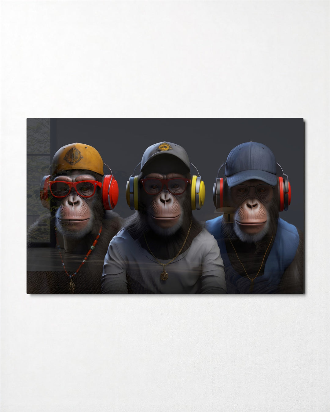 Three Apes in Headphones glass wall art, front view