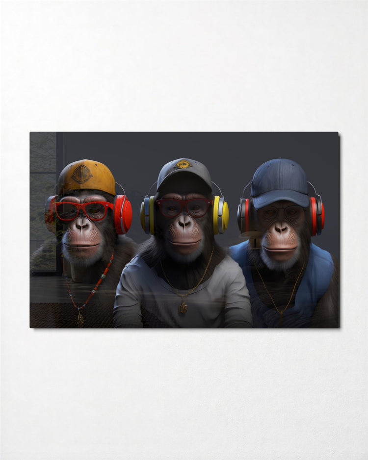 Three Apes in Headphones glass wall art, front view