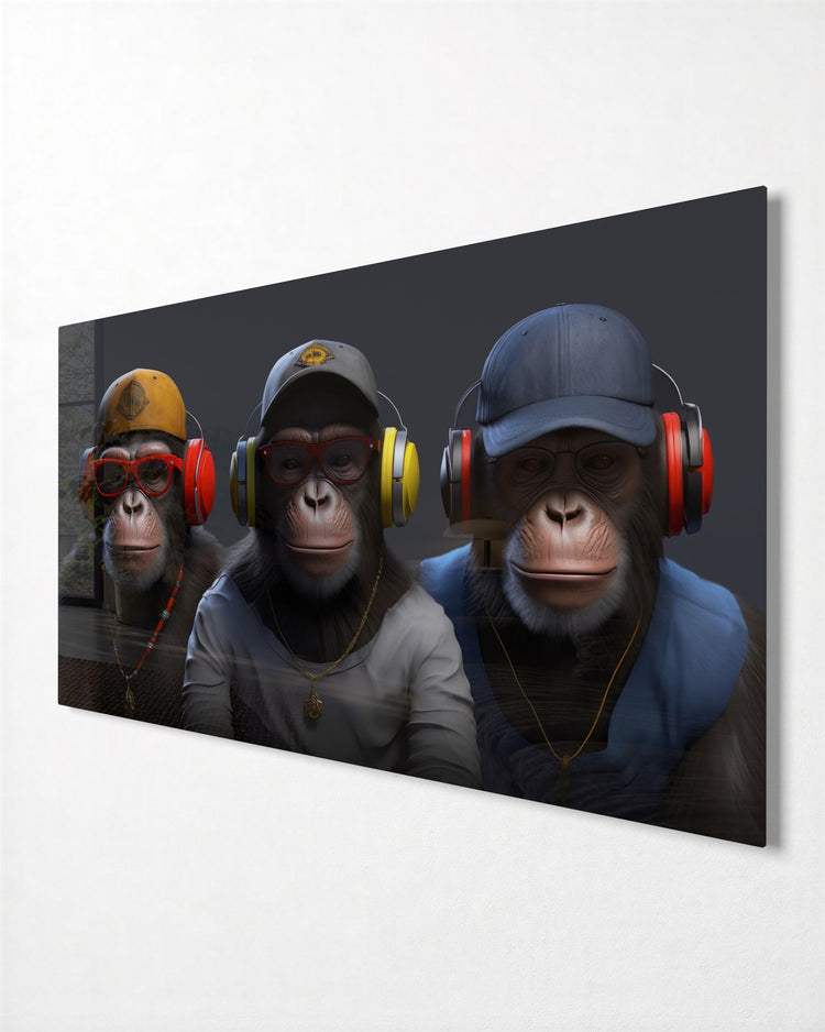 Three Apes in Headphones glass wall art, side view