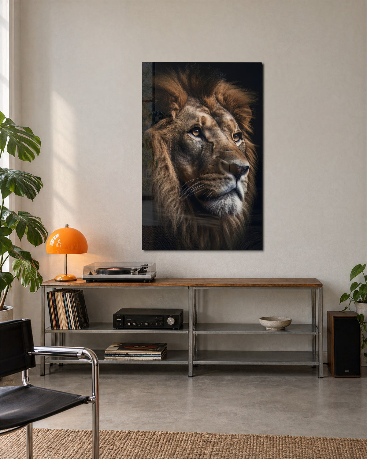 Lion Portrait in Shadow glass wall art, lifestyle view