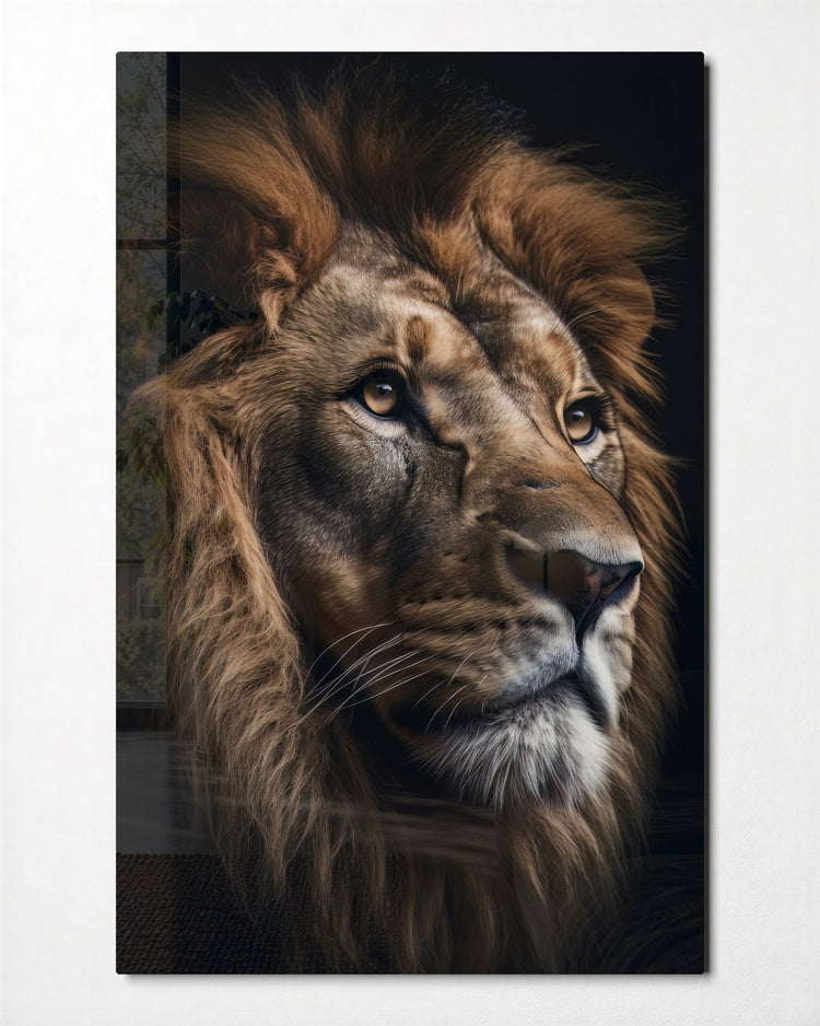 Lion Portrait in Shadow glass wall art, front view