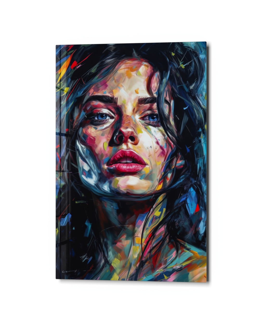Portrait in Bold Strokes glass wall art, studio view