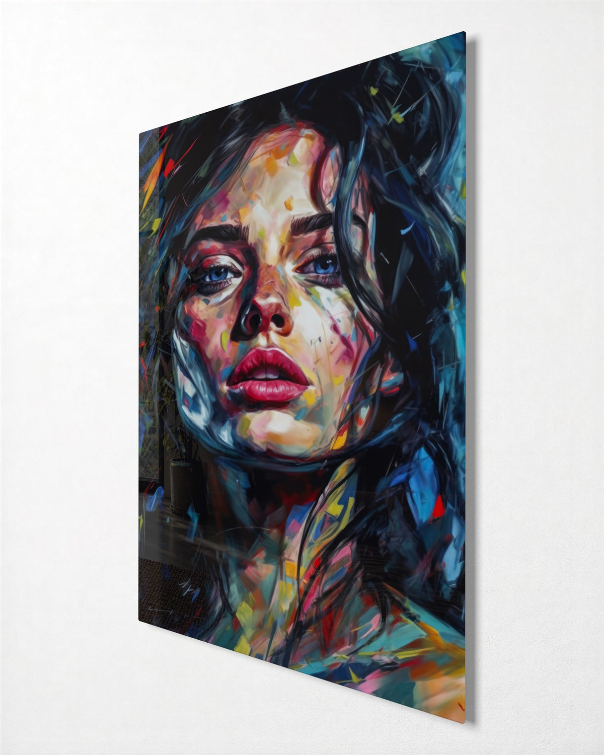 Portrait in Bold Strokes glass wall art, side view
