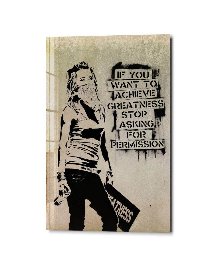Stop Asking Permission glass wall art, studio view