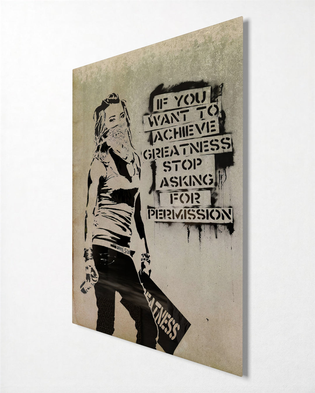 Stop Asking Permission glass wall art, side view