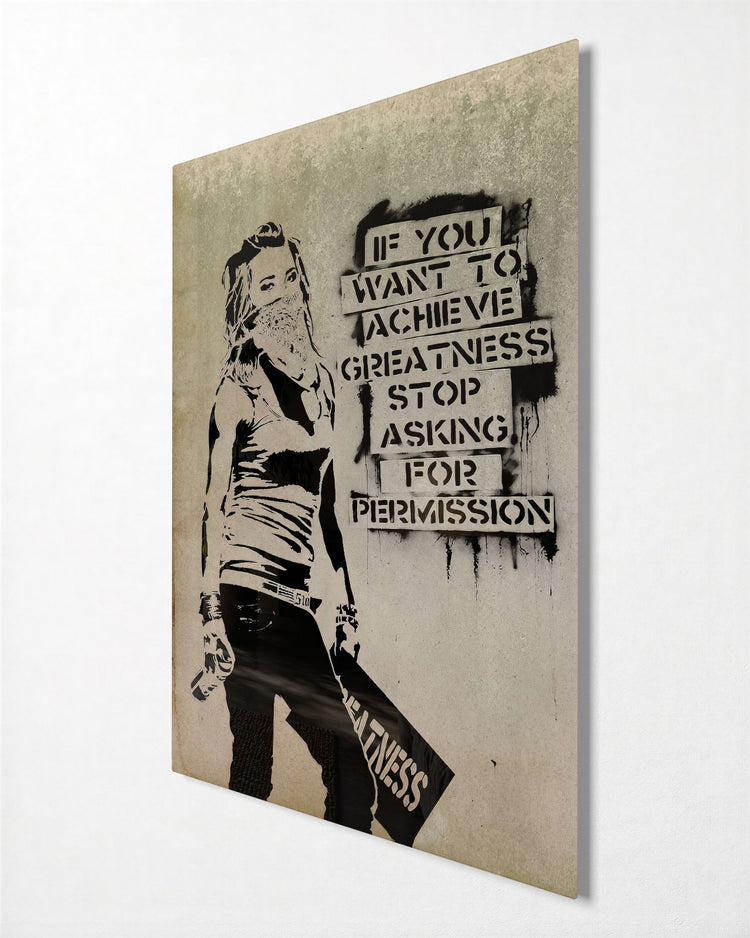 Stop Asking Permission glass wall art, side view