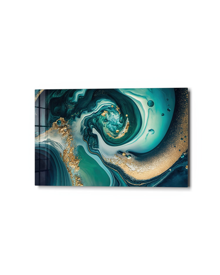 Teal Marble Whirl glass wall art, studio view