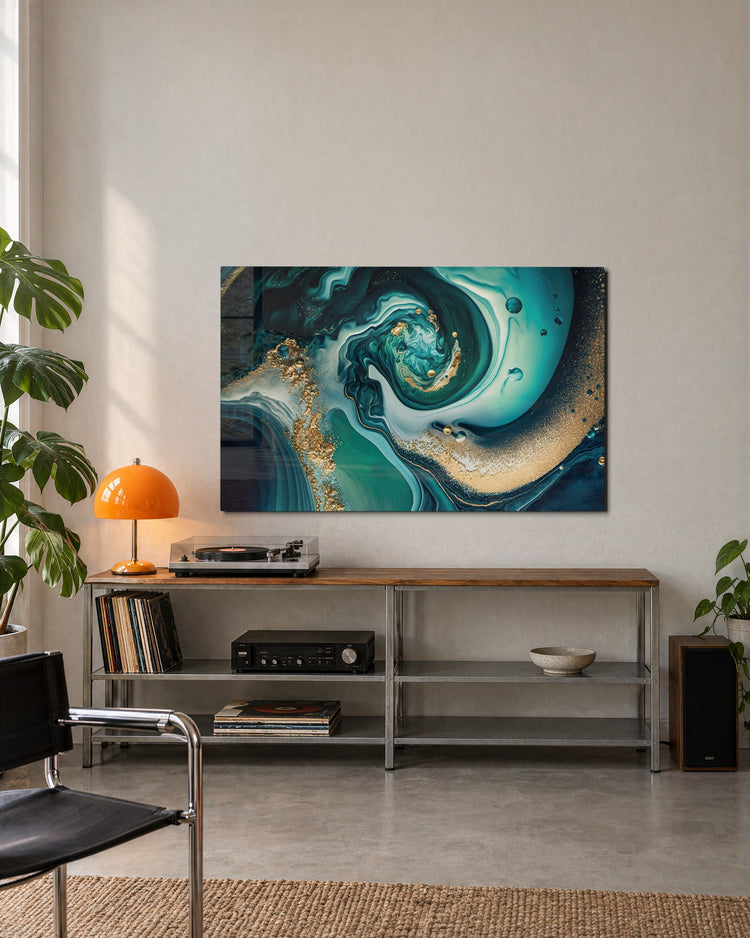 Teal Marble Whirl glass wall art, lifestyle view