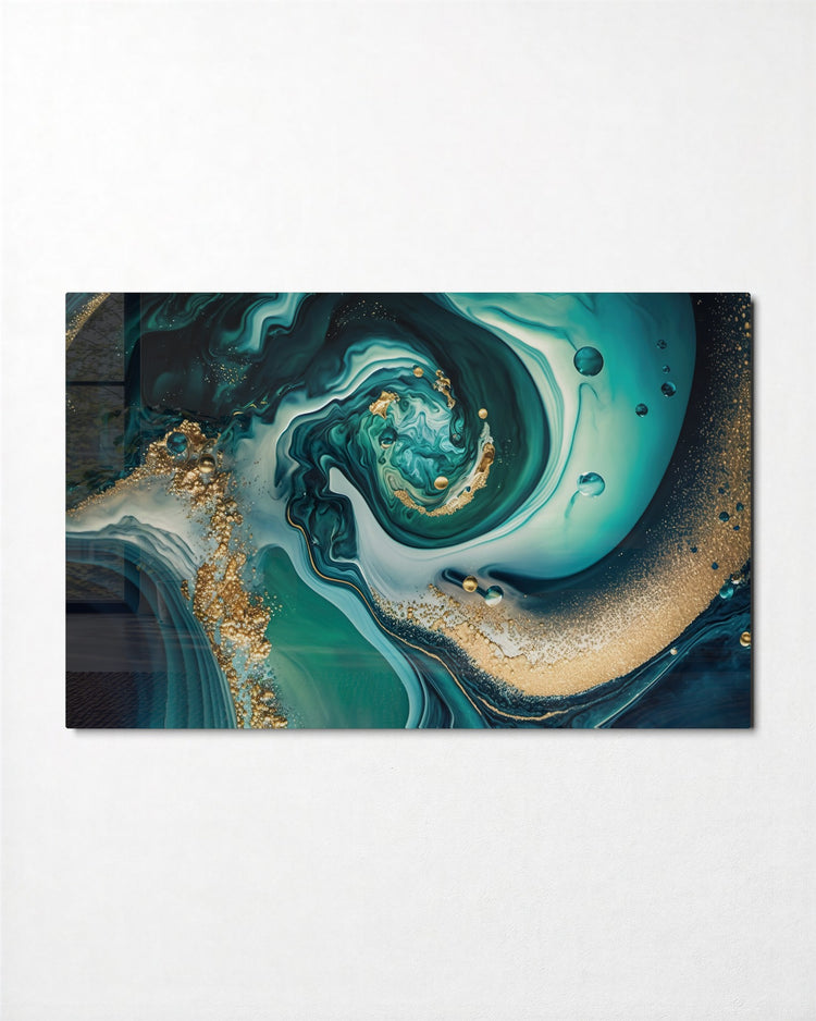 Teal Marble Whirl glass wall art, front view