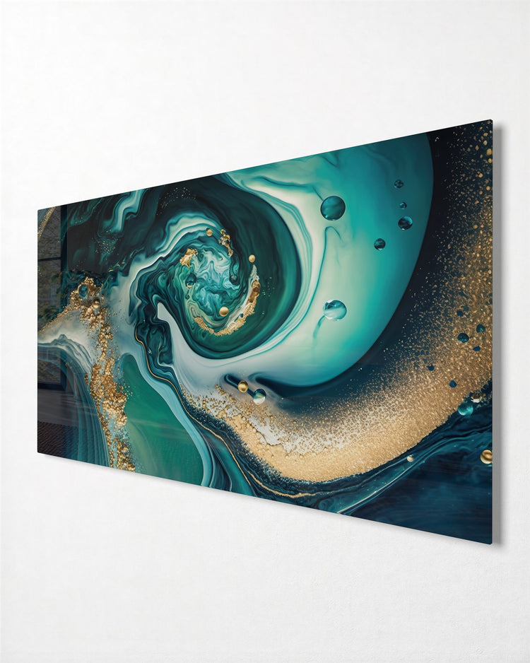 Teal Marble Whirl glass wall art, side view