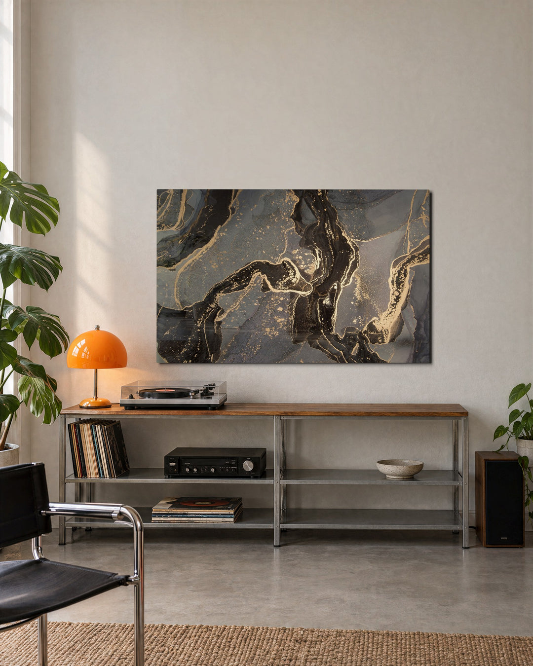 Black Marble, Gold Veins No. 2 glass wall art, lifestyle view