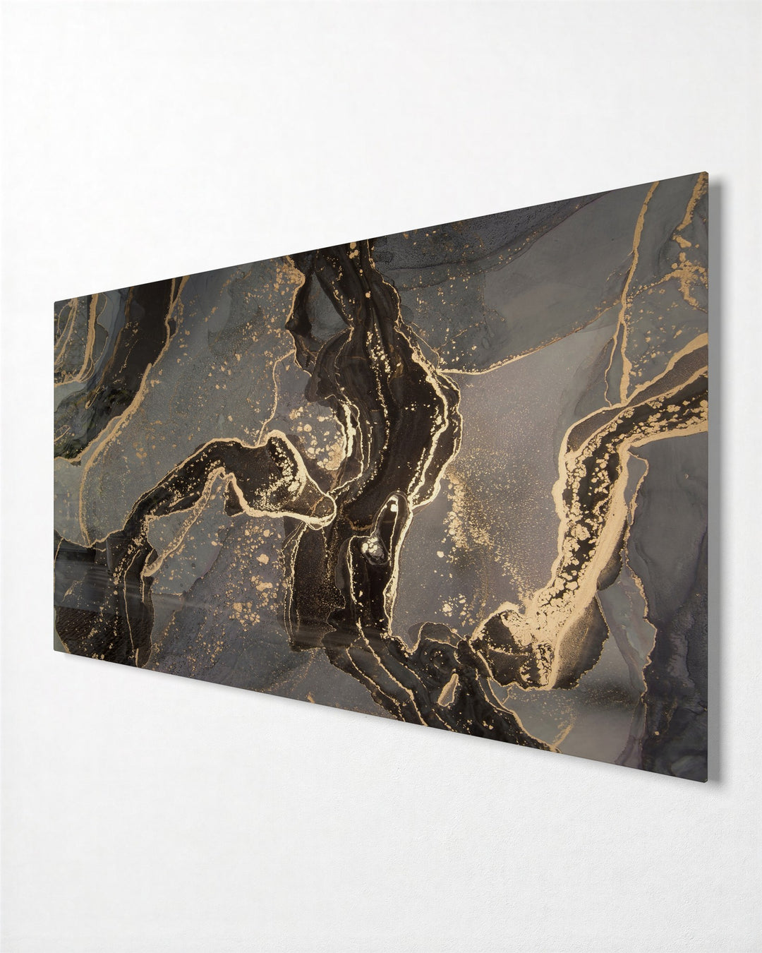 Black Marble, Gold Veins No. 2 glass wall art, side view