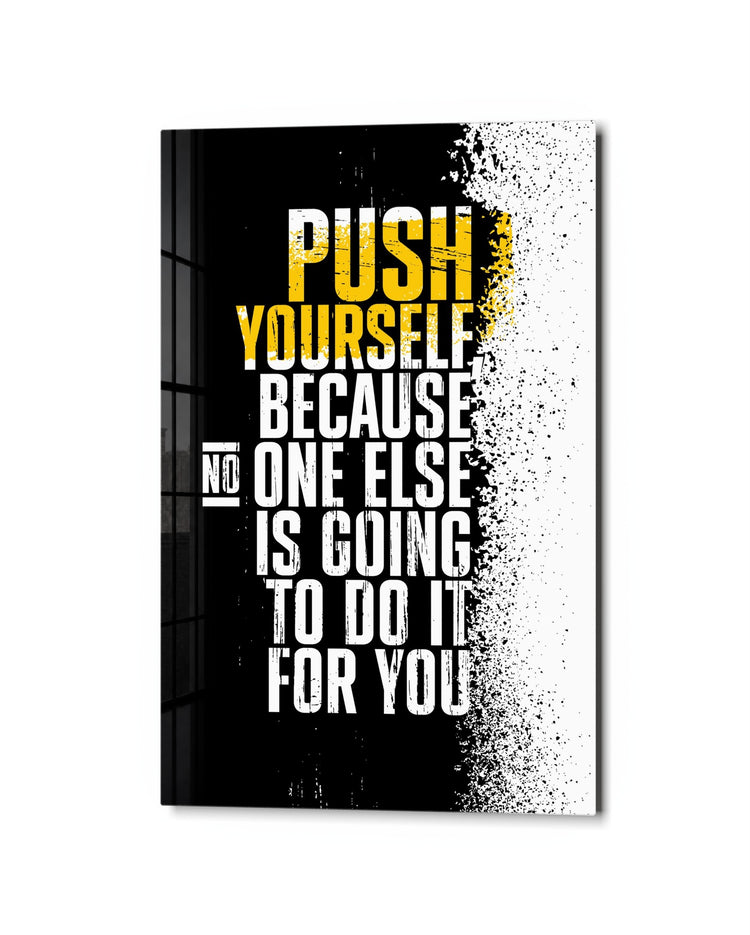 Push Yourself glass wall art, studio view
