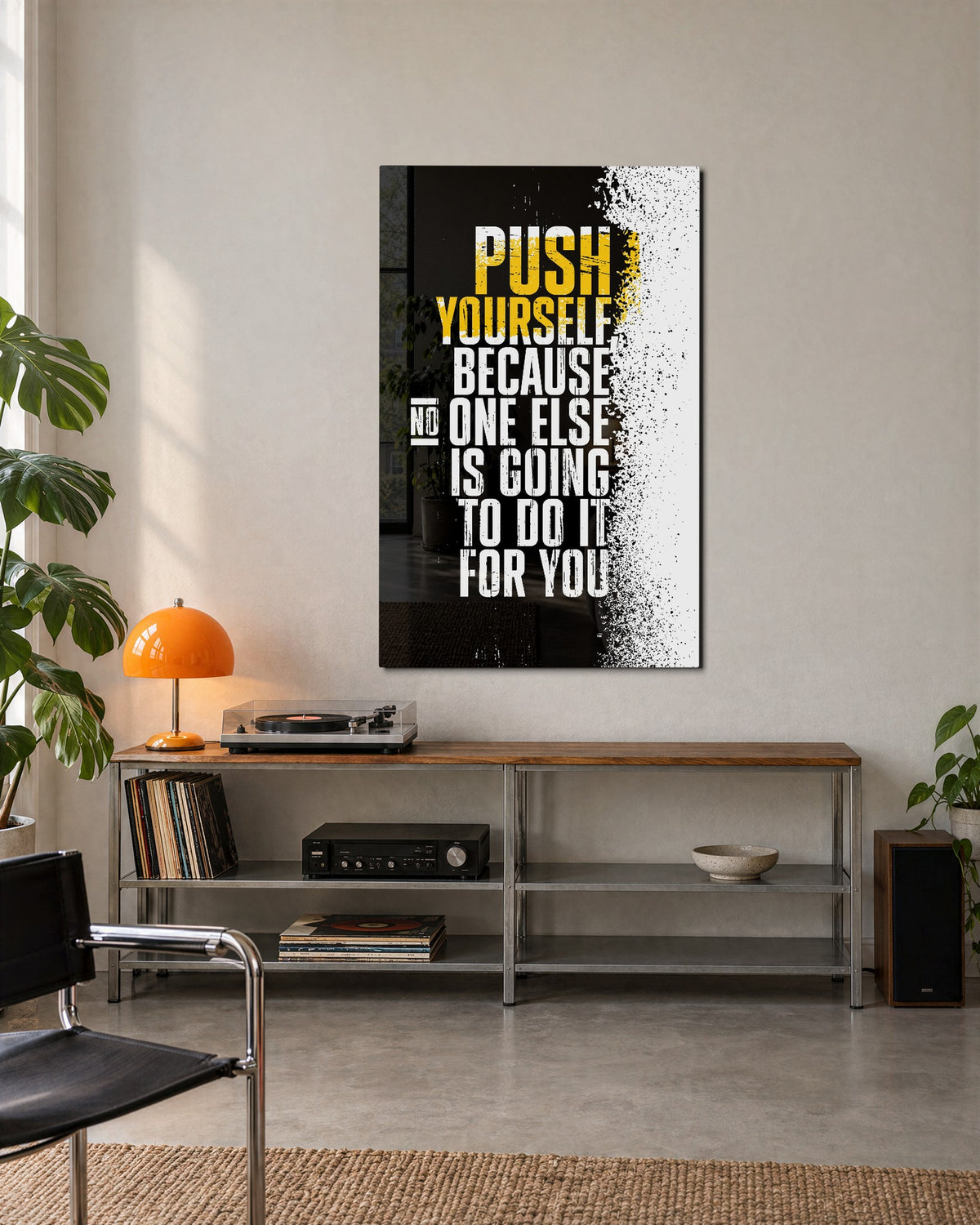 Push Yourself glass wall art, lifestyle view