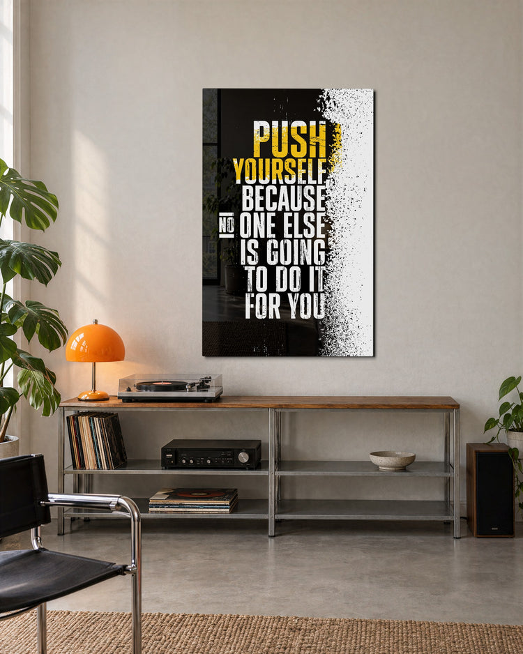 Push Yourself glass wall art, lifestyle view
