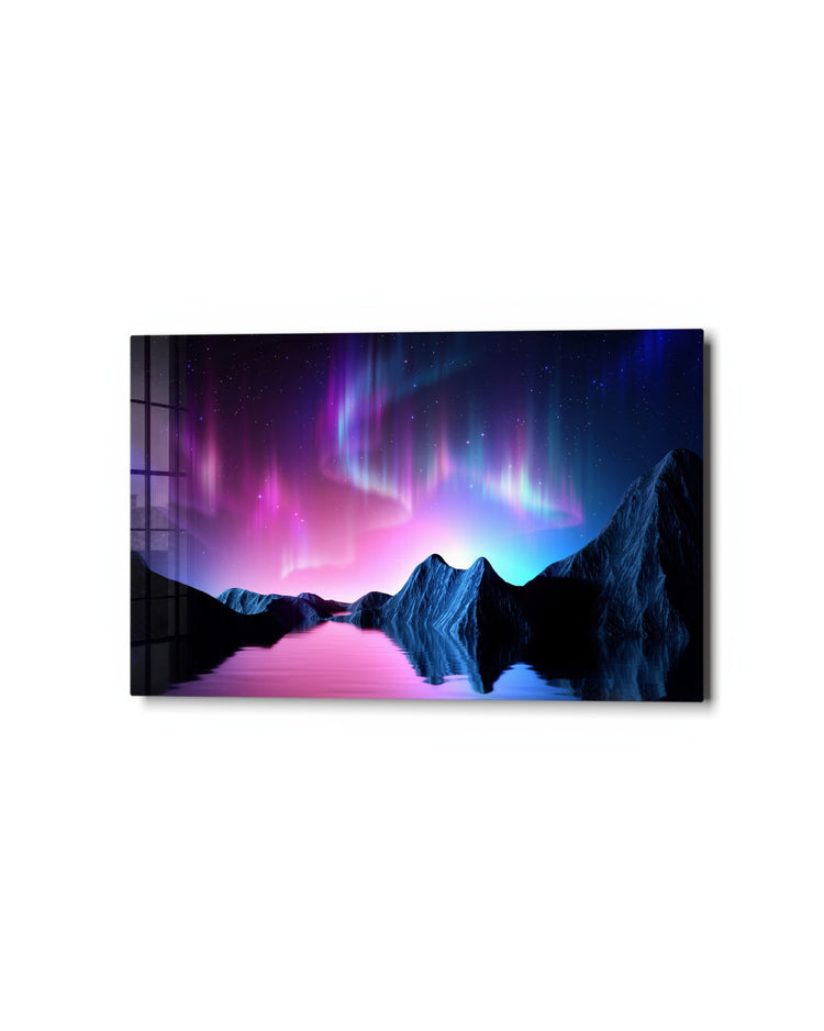 Aurora Over Blue Peaks glass wall art, studio view