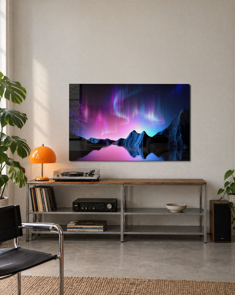 Aurora Over Blue Peaks glass wall art, lifestyle view