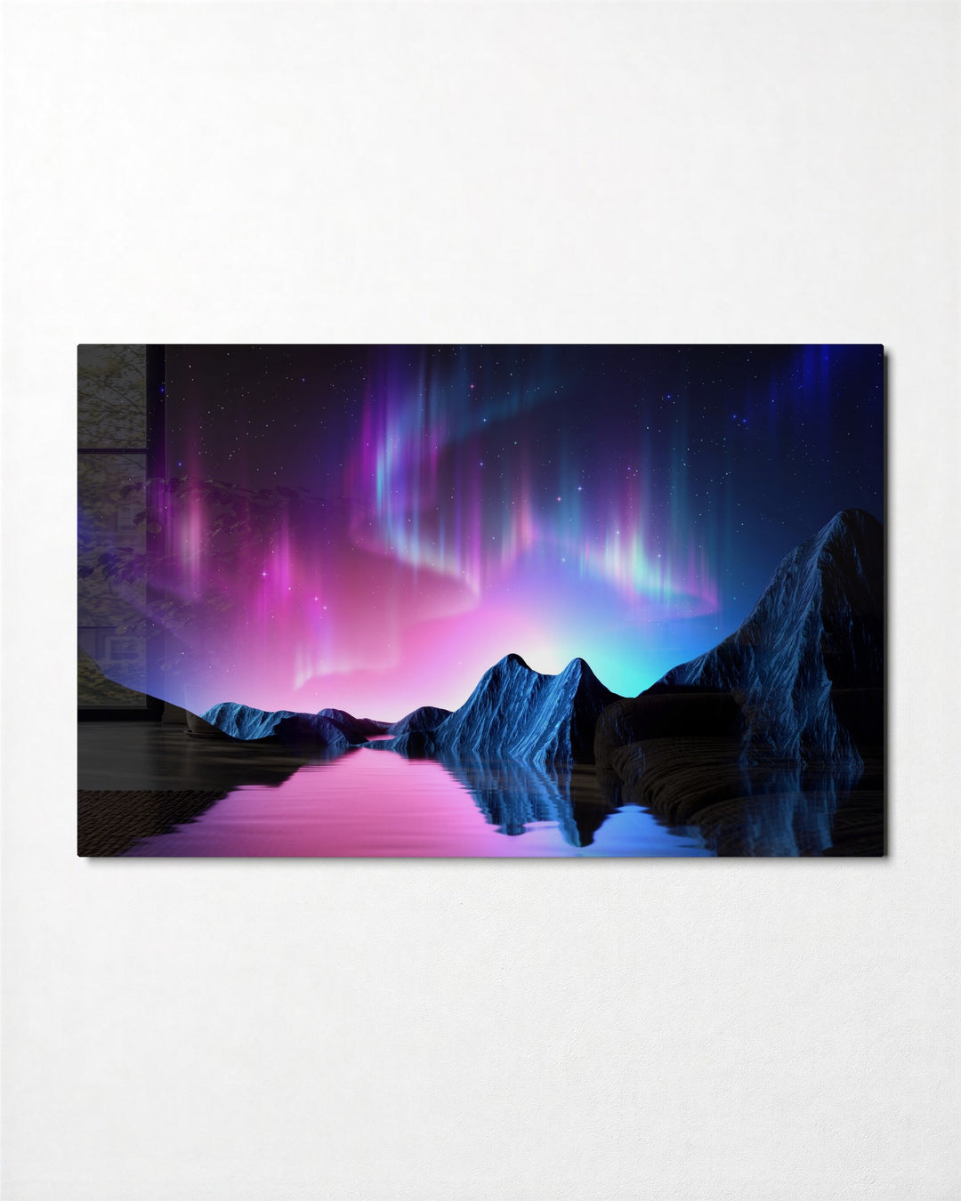 Aurora Over Blue Peaks glass wall art, front view