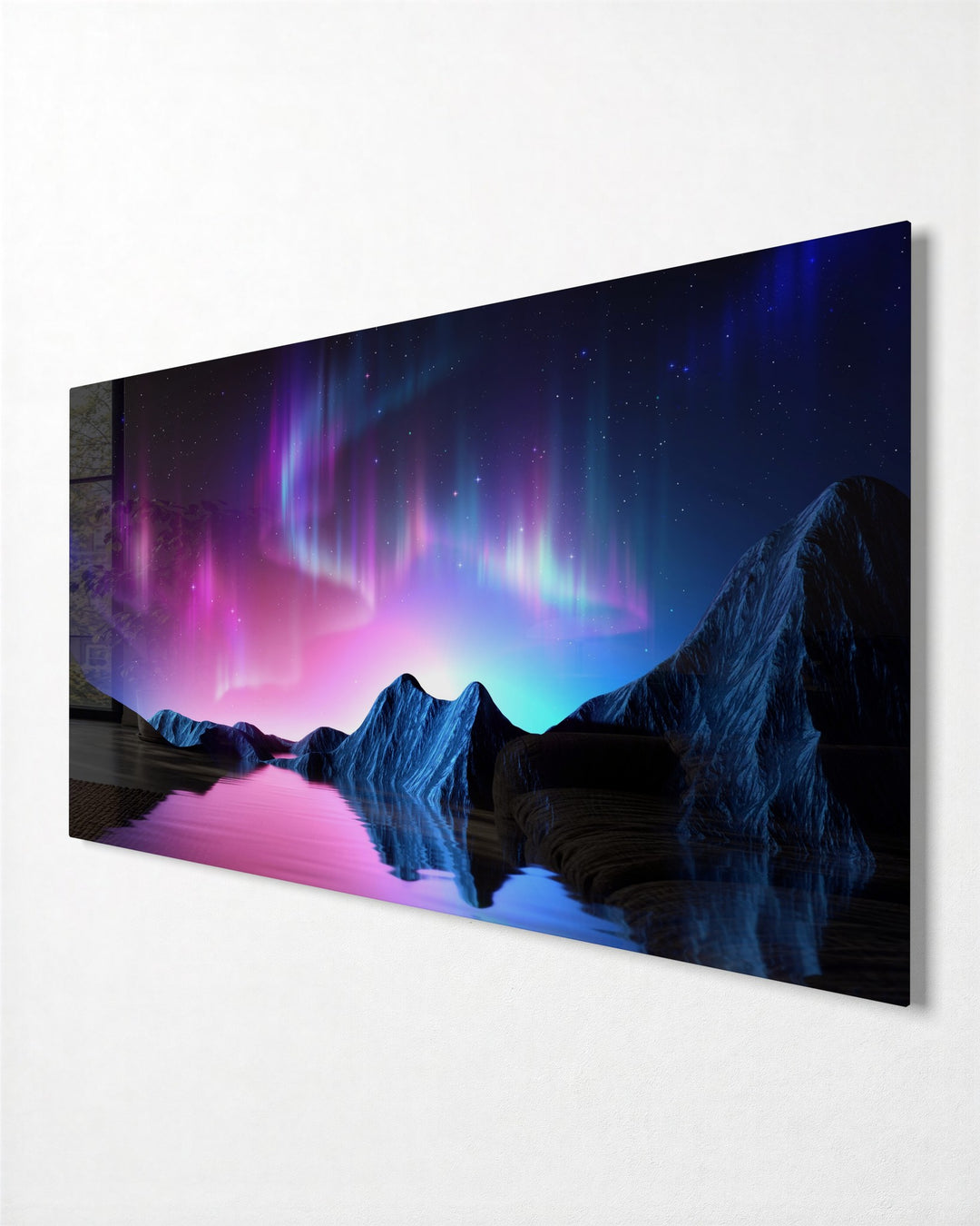 Aurora Over Blue Peaks glass wall art, side view