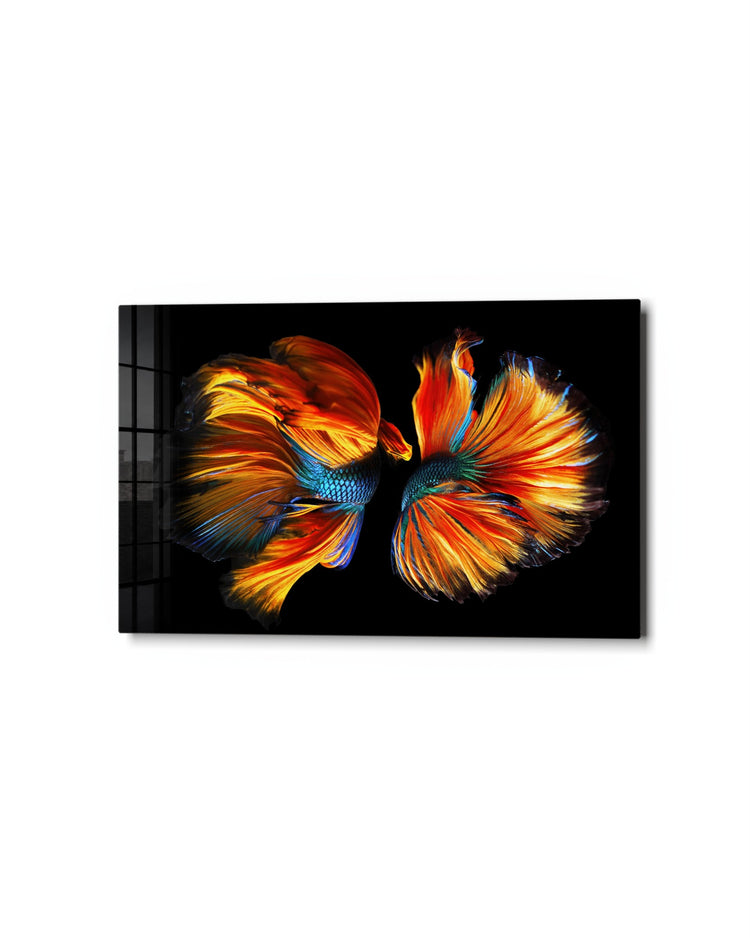 Two Betta Fish glass wall art, studio view