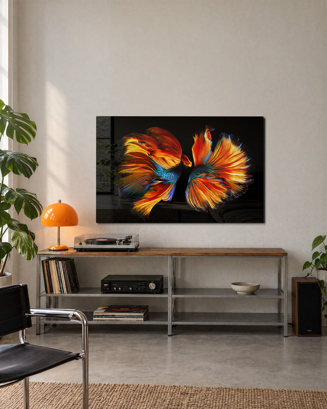 Two Betta Fish glass wall art, lifestyle view
