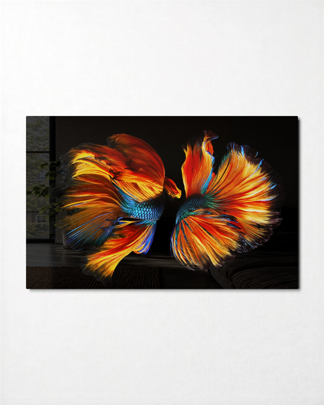 Two Betta Fish glass wall art, front view