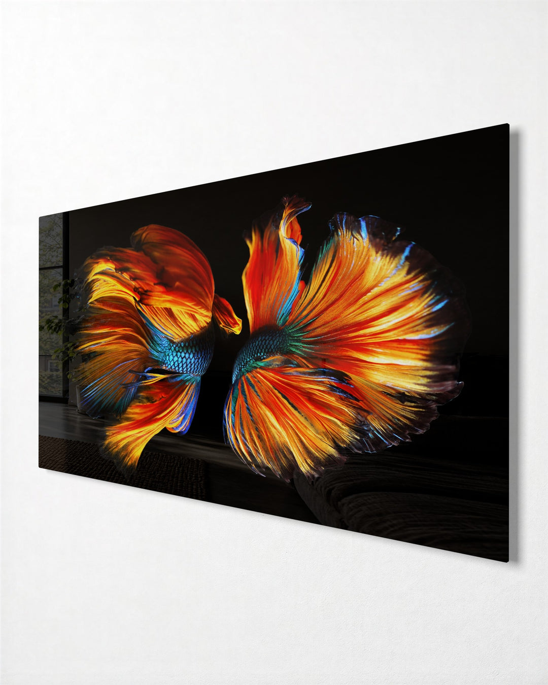 Two Betta Fish glass wall art, side view
