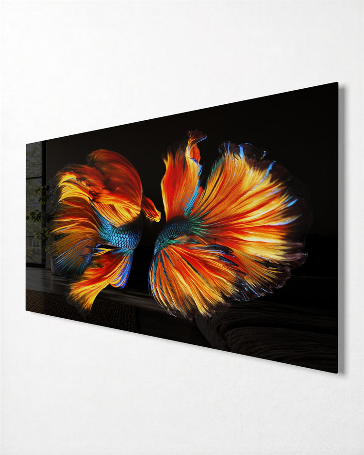 Two Betta Fish glass wall art, side view