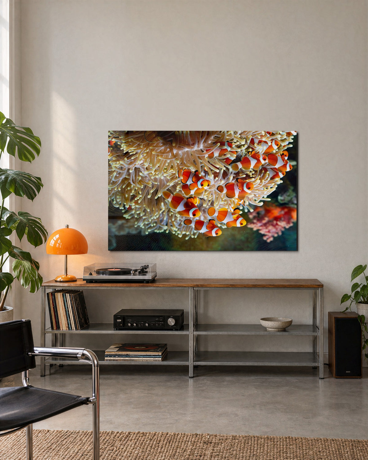 Clownfish in the Anemone glass wall art, lifestyle view