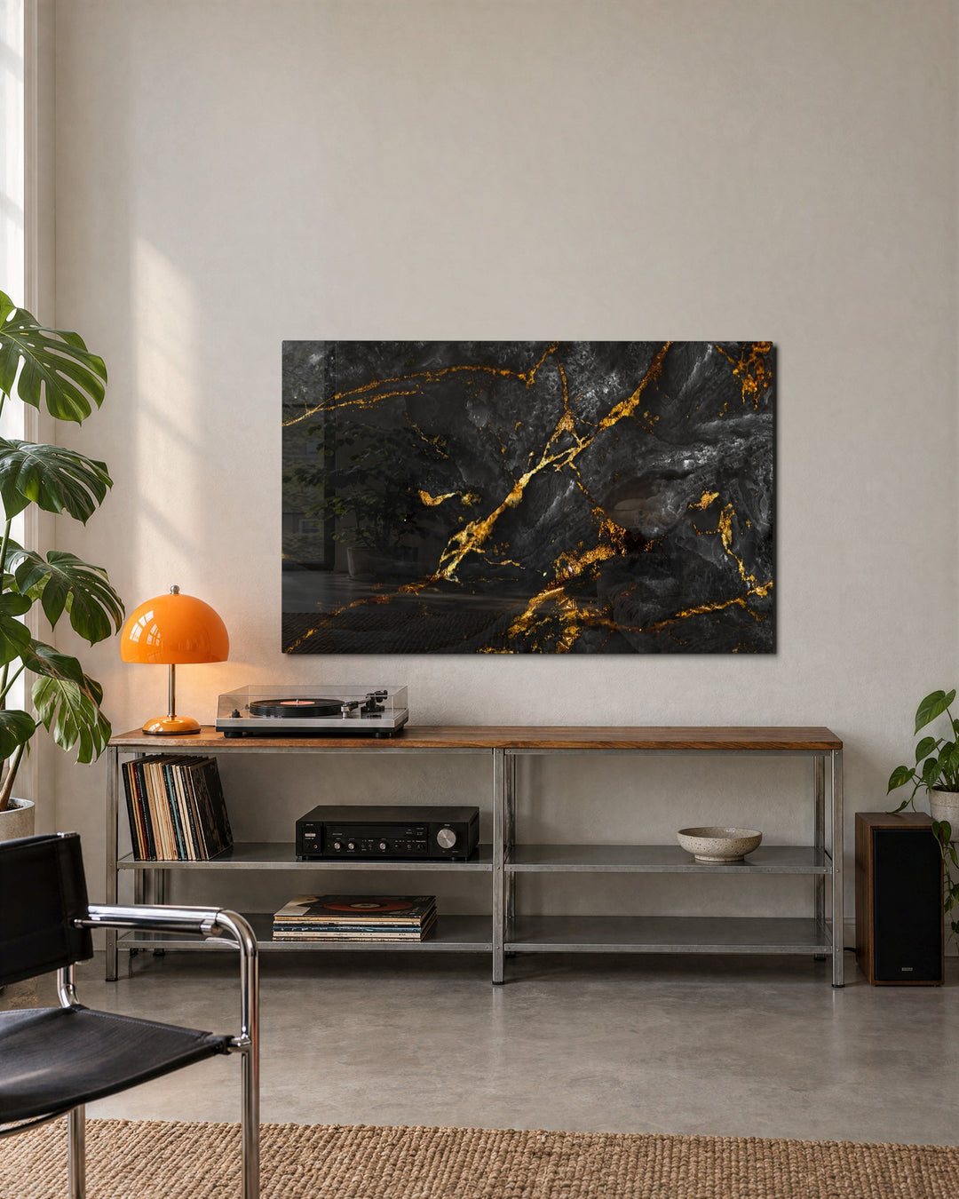 Black Marble, Gold Veins glass wall art, lifestyle view