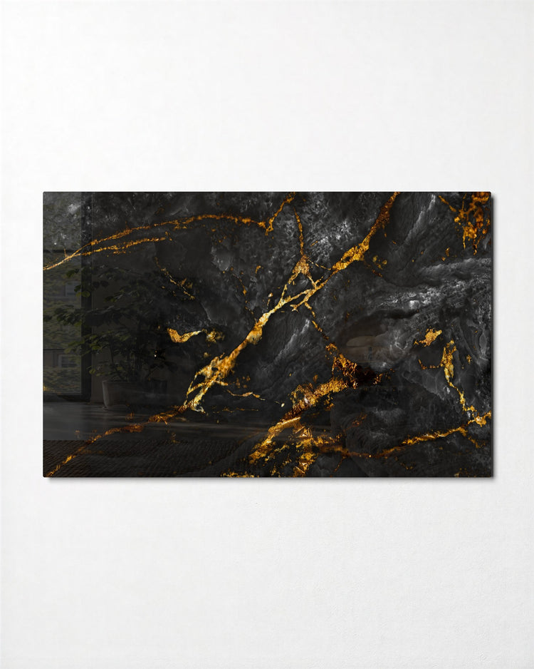 Black Marble, Gold Veins glass wall art, front view