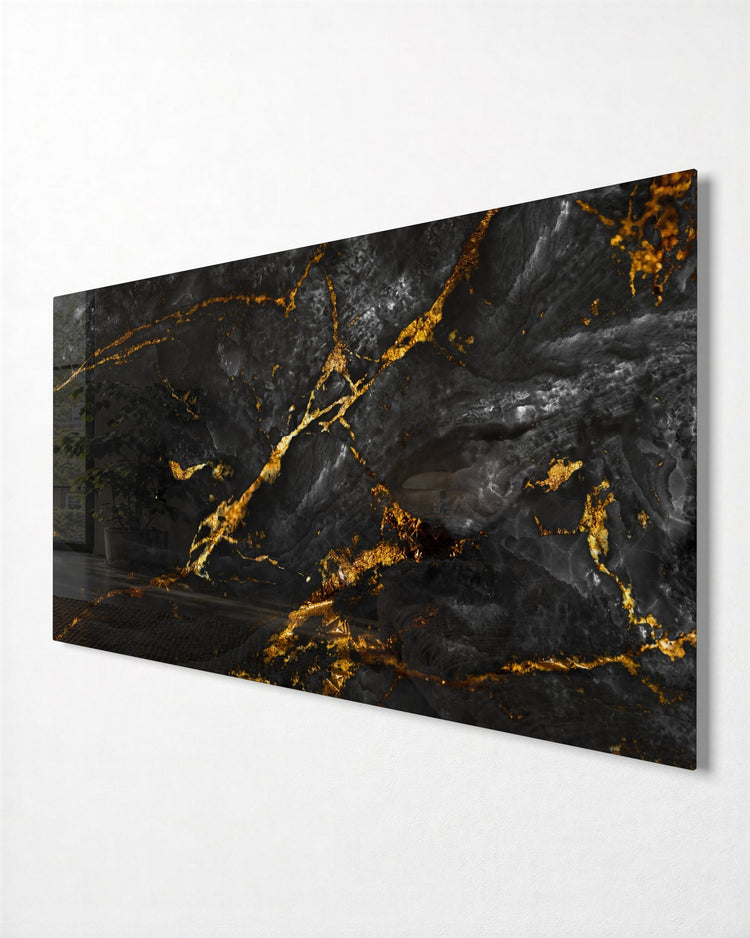 Black Marble, Gold Veins glass wall art, side view