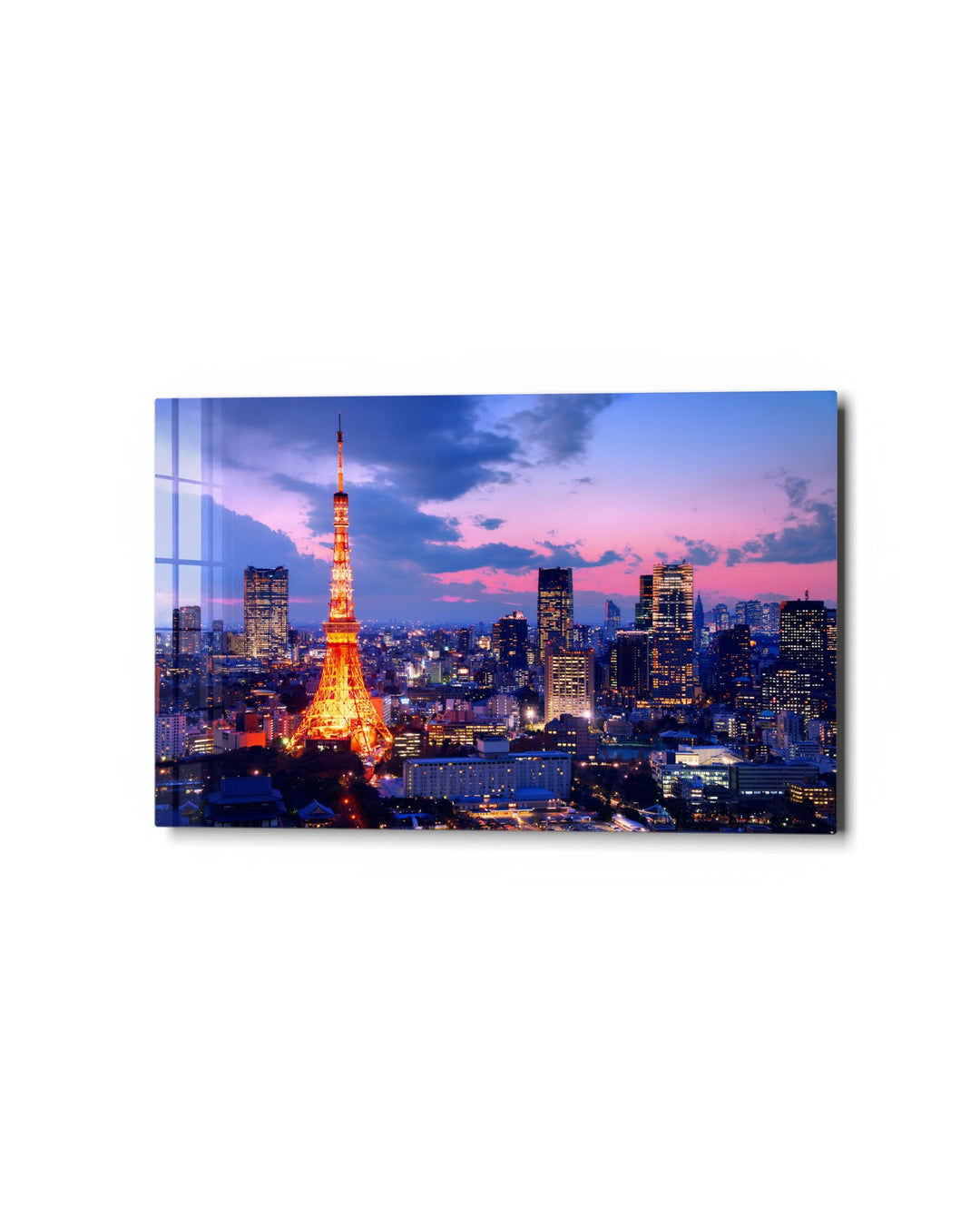 City Tower at Pink Dusk glass wall art, studio view