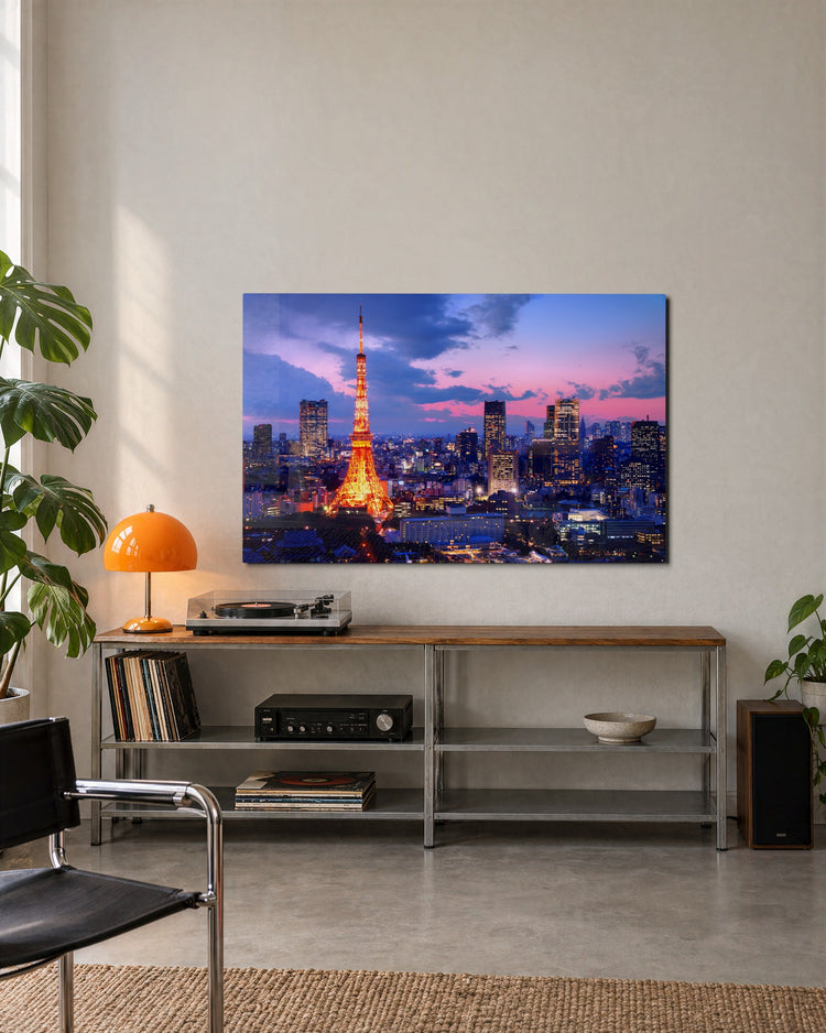 City Tower at Pink Dusk glass wall art, lifestyle view
