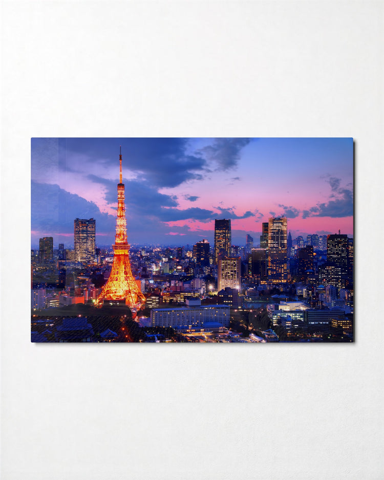 City Tower at Pink Dusk glass wall art, front view