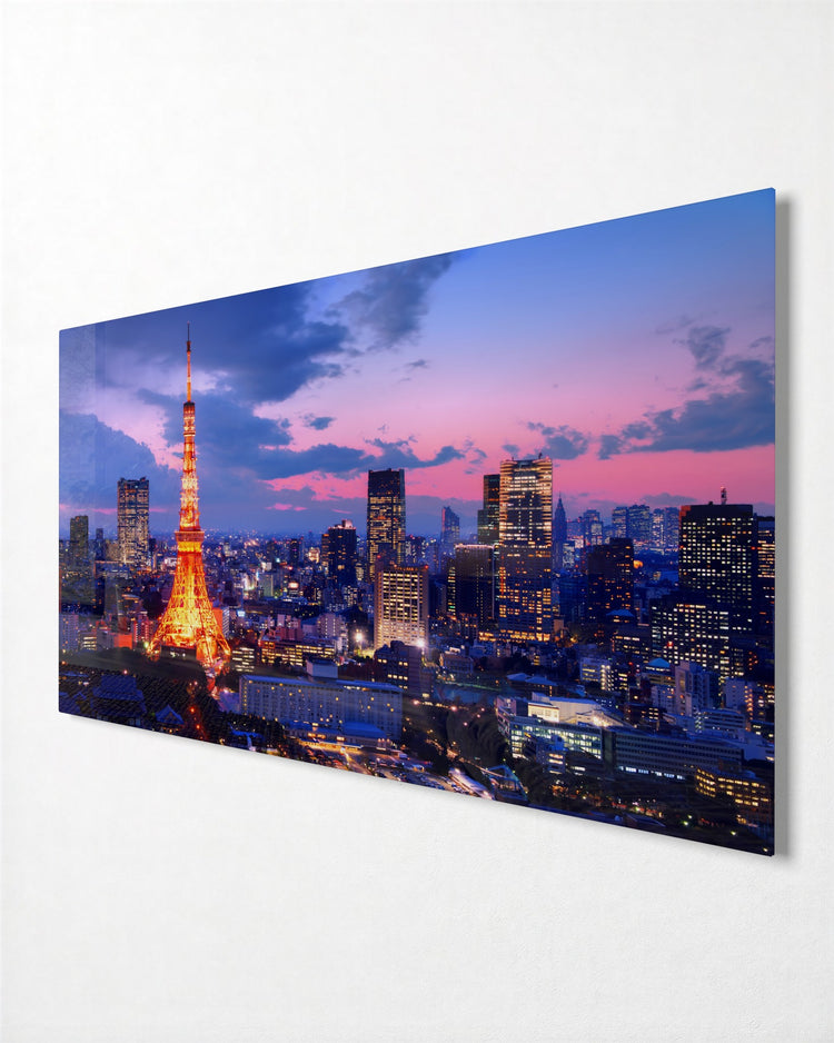 City Tower at Pink Dusk glass wall art, side view