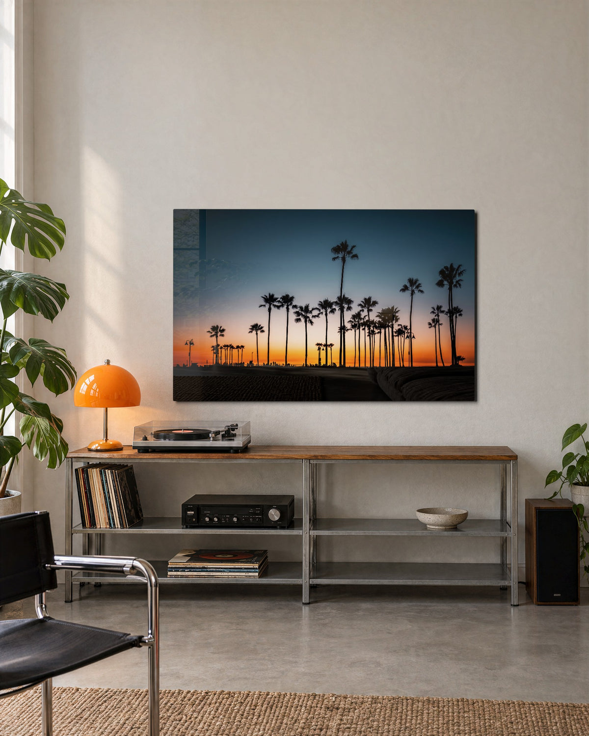 Palms at Blue Hour glass wall art, lifestyle view