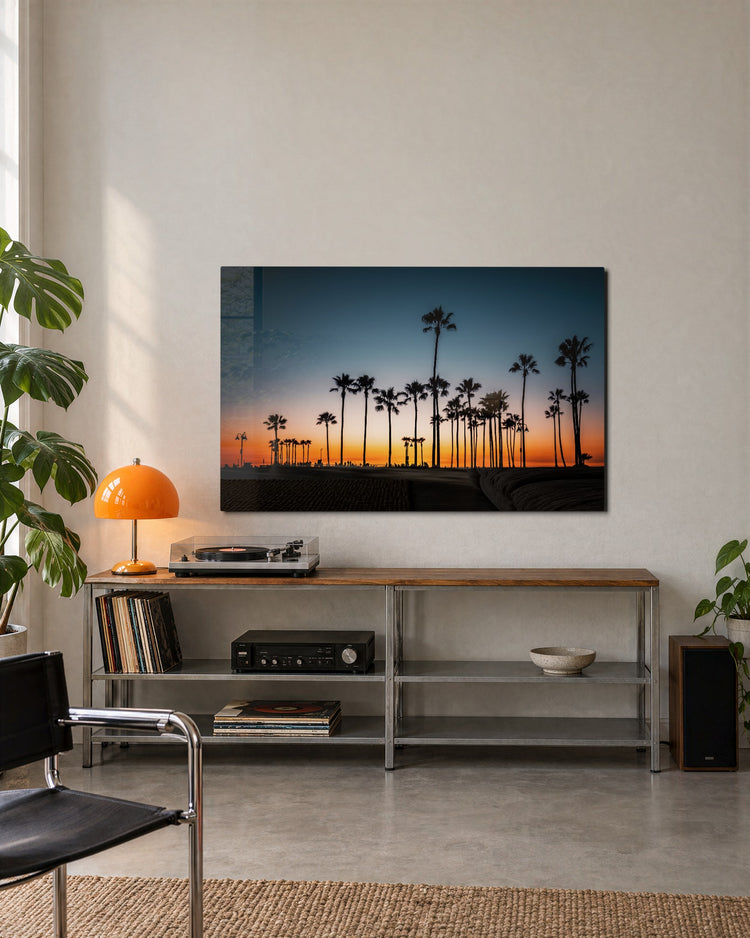 Palms at Blue Hour glass wall art, lifestyle view