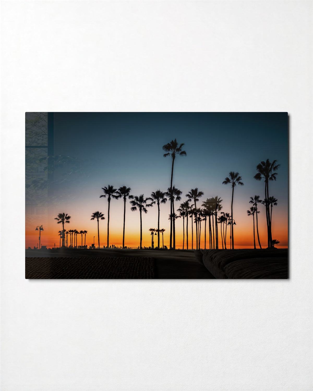 Palms at Blue Hour glass wall art, front view