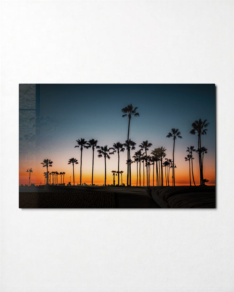 Palms at Blue Hour glass wall art, front view