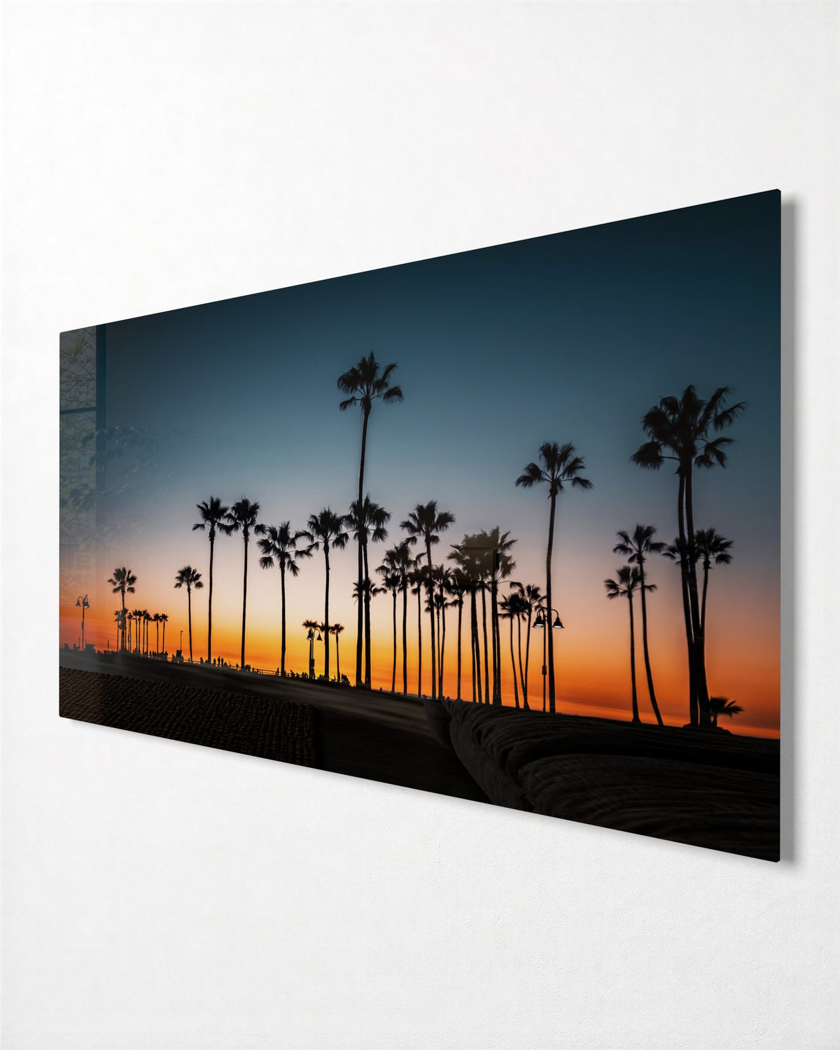 Palms at Blue Hour glass wall art, side view