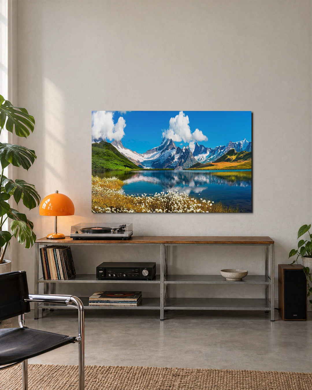 Alpine Peaks and Lake Reflection glass wall art, lifestyle view