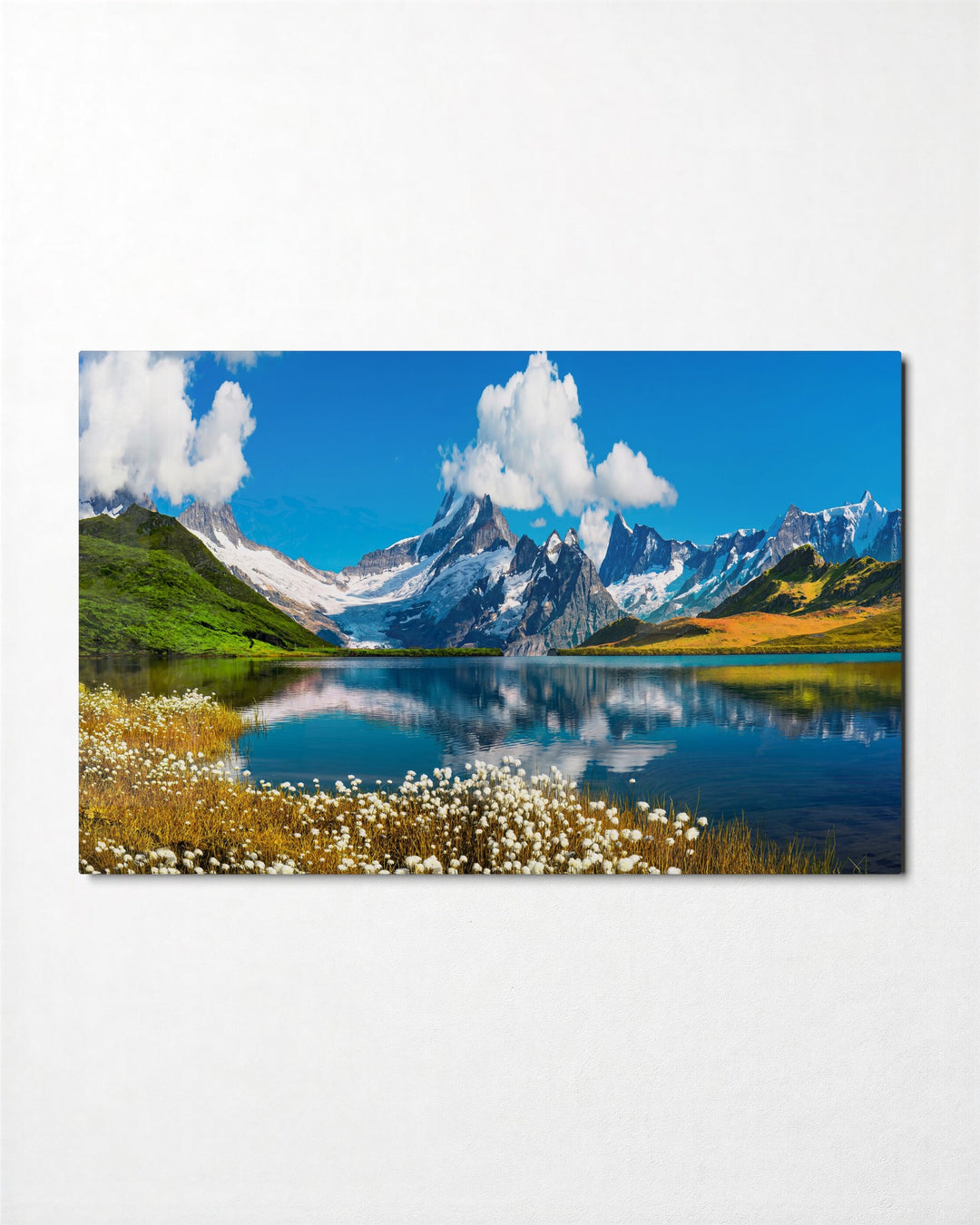 Alpine Peaks and Lake Reflection glass wall art, front view