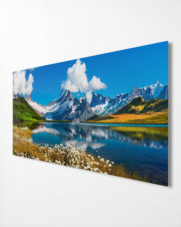 Alpine Peaks and Lake Reflection glass wall art, side view