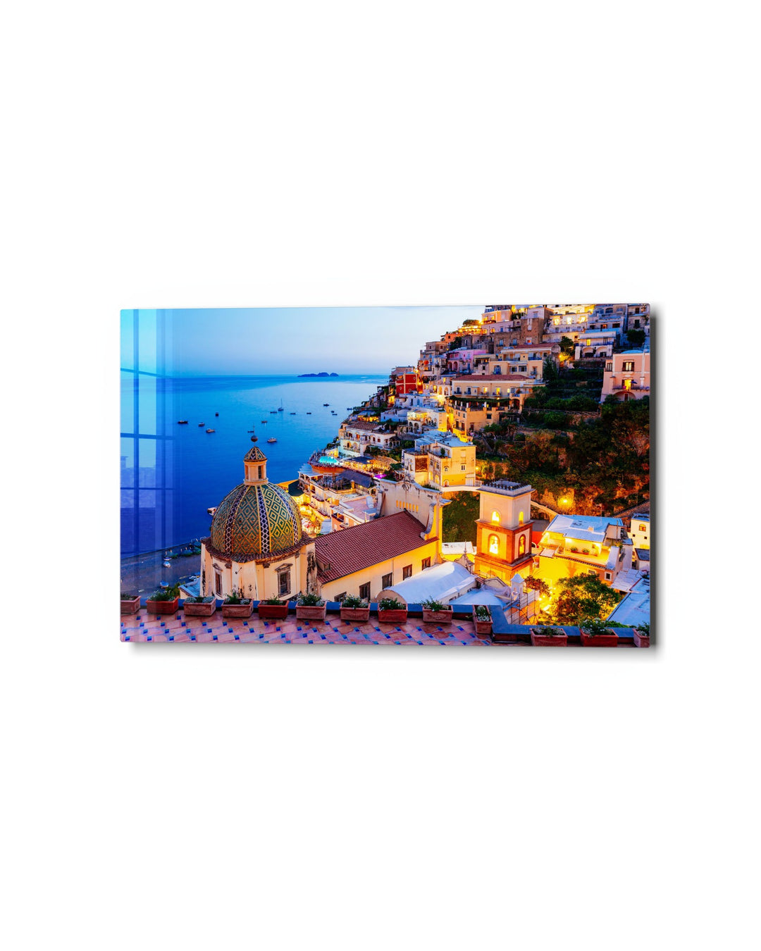 Cliffside Town at Dusk glass wall art, studio view