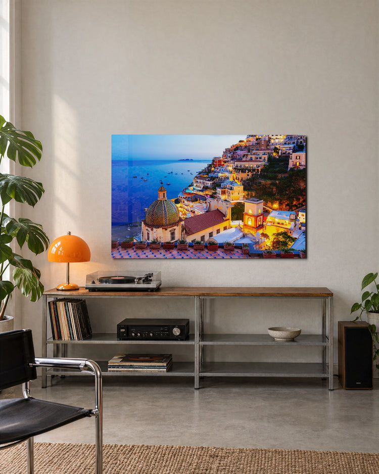 Cliffside Town at Dusk glass wall art, lifestyle view