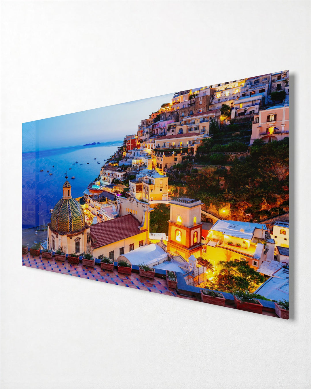 Cliffside Town at Dusk glass wall art, side view