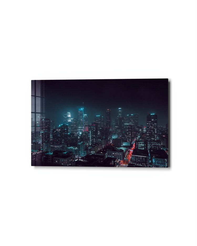 Teal City Lights at Night glass wall art, studio view